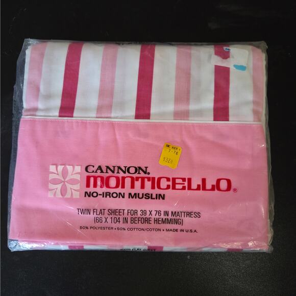 NOS Vintage Cannon Monticello No-Iron Muslin Twin Flat Sheet Pink White Striped - Picture 1 of 4